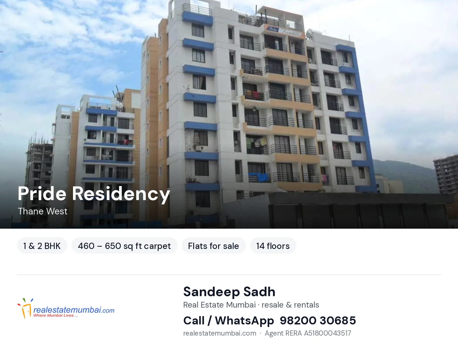 Pride Residency, Thane West — 1 & 2 BHK flats for sale | Real Estate Mumbai, Sandeep Sadh 98200 30685