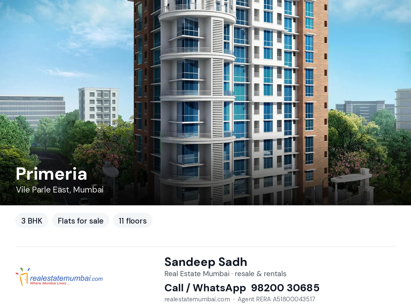 Primeria, Vile Parle East, Mumbai — 3 BHK flats for sale | Real Estate Mumbai, Sandeep Sadh 98200 30685