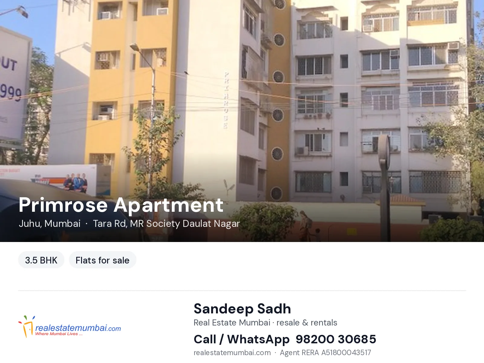 Primrose Apartment, Juhu, Mumbai — 3.5 BHK flats for sale | Real Estate Mumbai, Sandeep Sadh 98200 30685