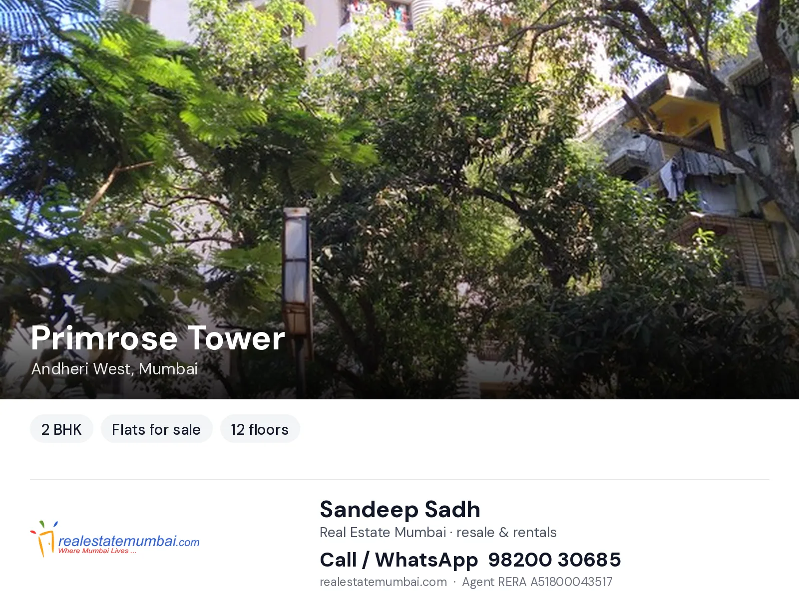 Primrose Tower, Andheri West, Mumbai — 2 BHK flats for sale | Real Estate Mumbai, Sandeep Sadh 98200 30685