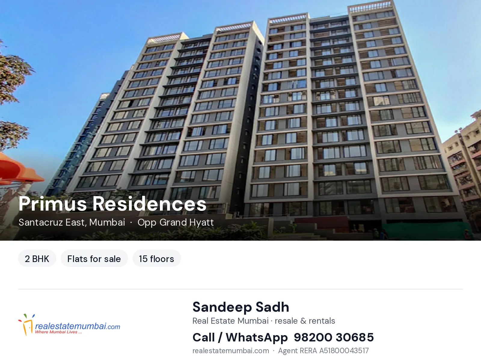 Primus Residences, Santacruz East, Mumbai — 2 BHK flats for sale | Real Estate Mumbai, Sandeep Sadh 98200 30685
