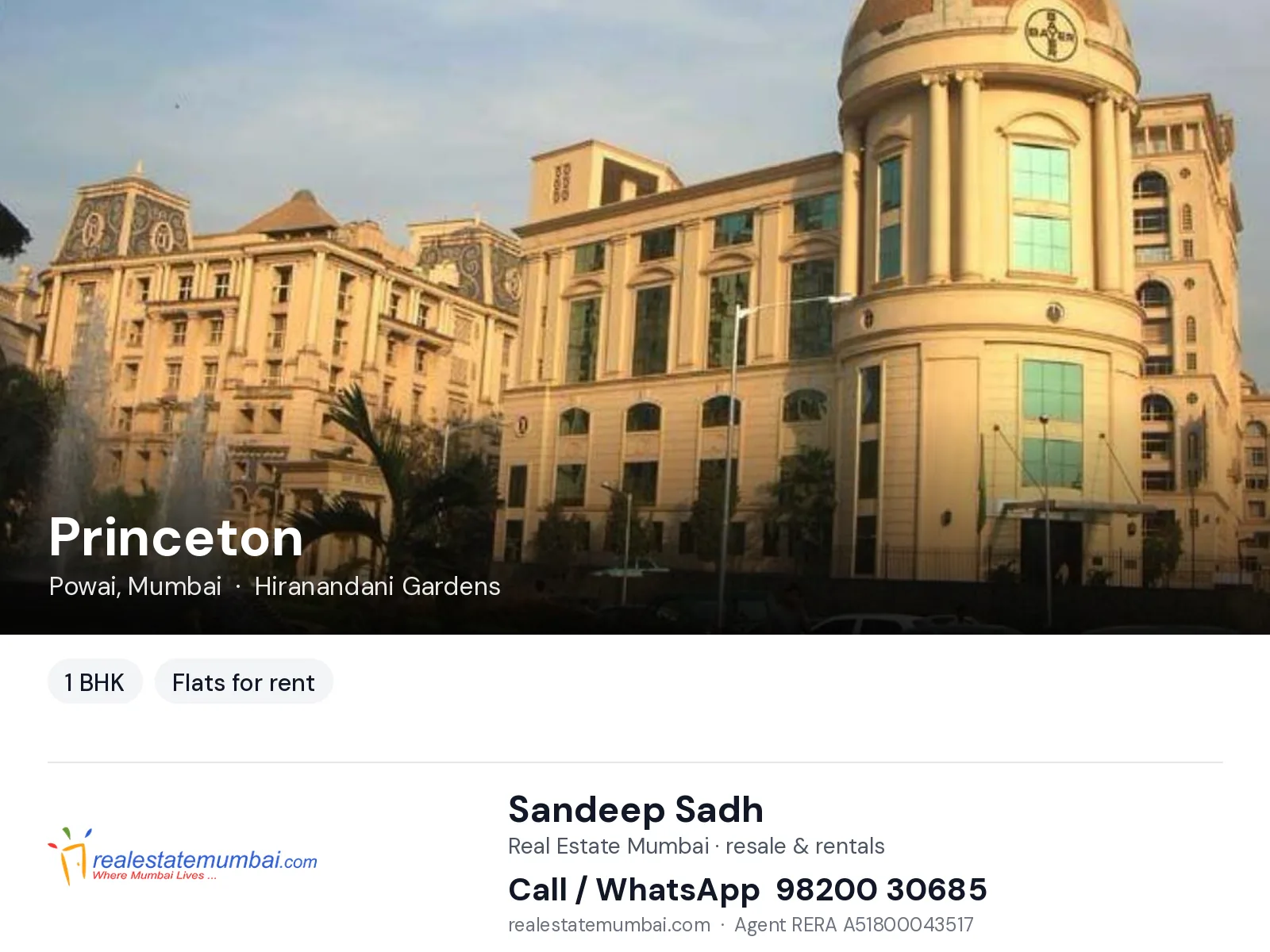 Princeton, Powai, Mumbai — 1 BHK flats for rent | Real Estate Mumbai, Sandeep Sadh 98200 30685