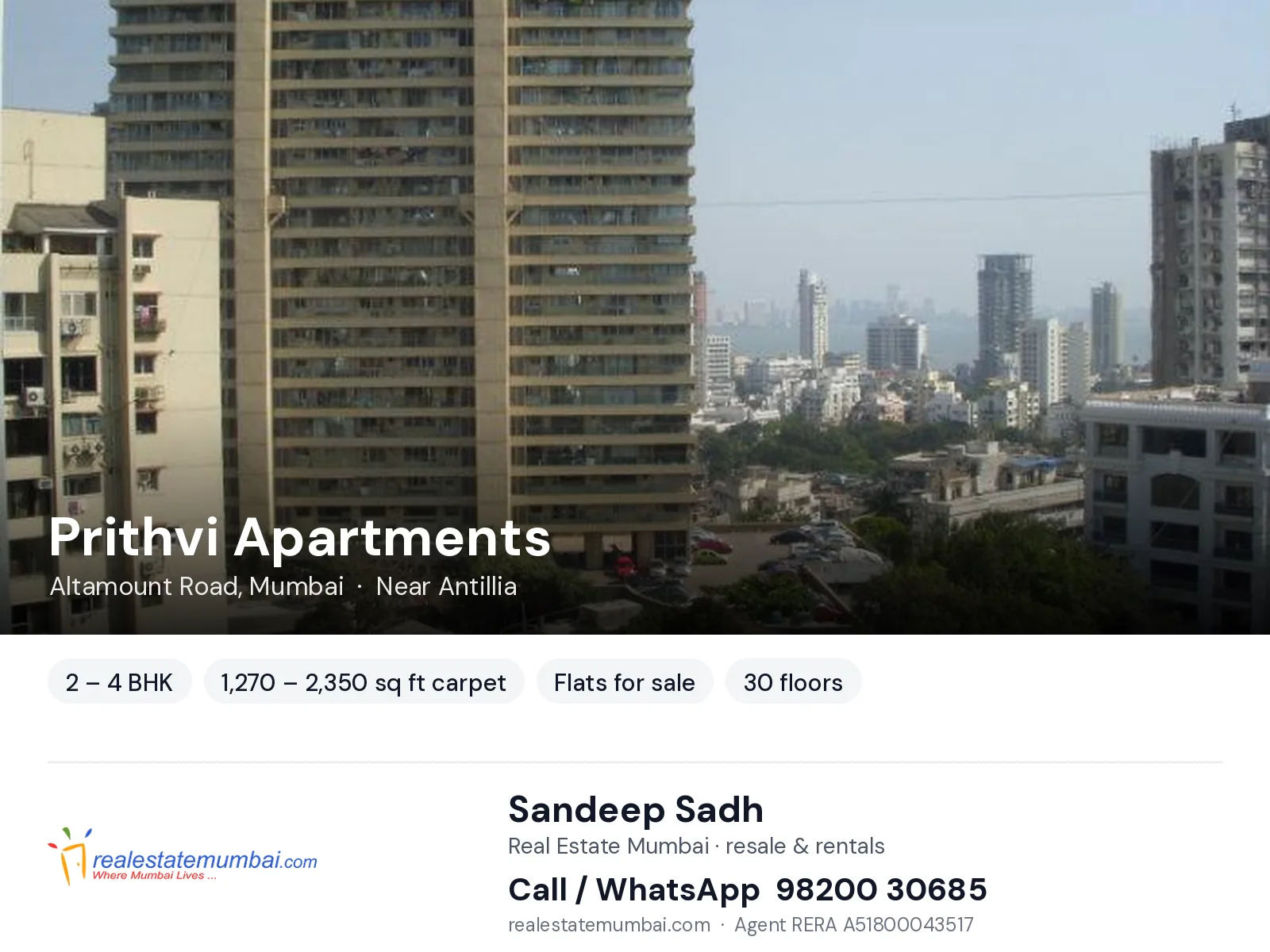 Prithvi Apartments, Altamount Road, Mumbai — 2 – 4 BHK flats for sale | Real Estate Mumbai, Sandeep Sadh 98200 30685