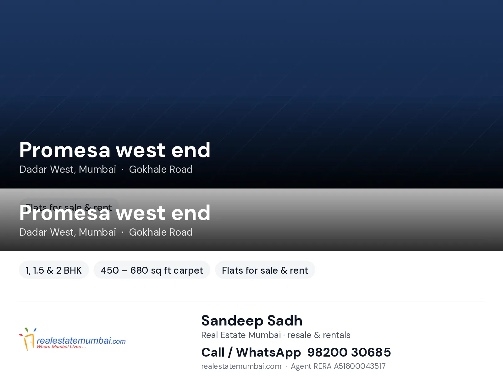 Promesa west end, Dadar West, Mumbai — 1, 1.5 & 2 BHK flats for sale & rent | Real Estate Mumbai, Sandeep Sadh 98200 30685