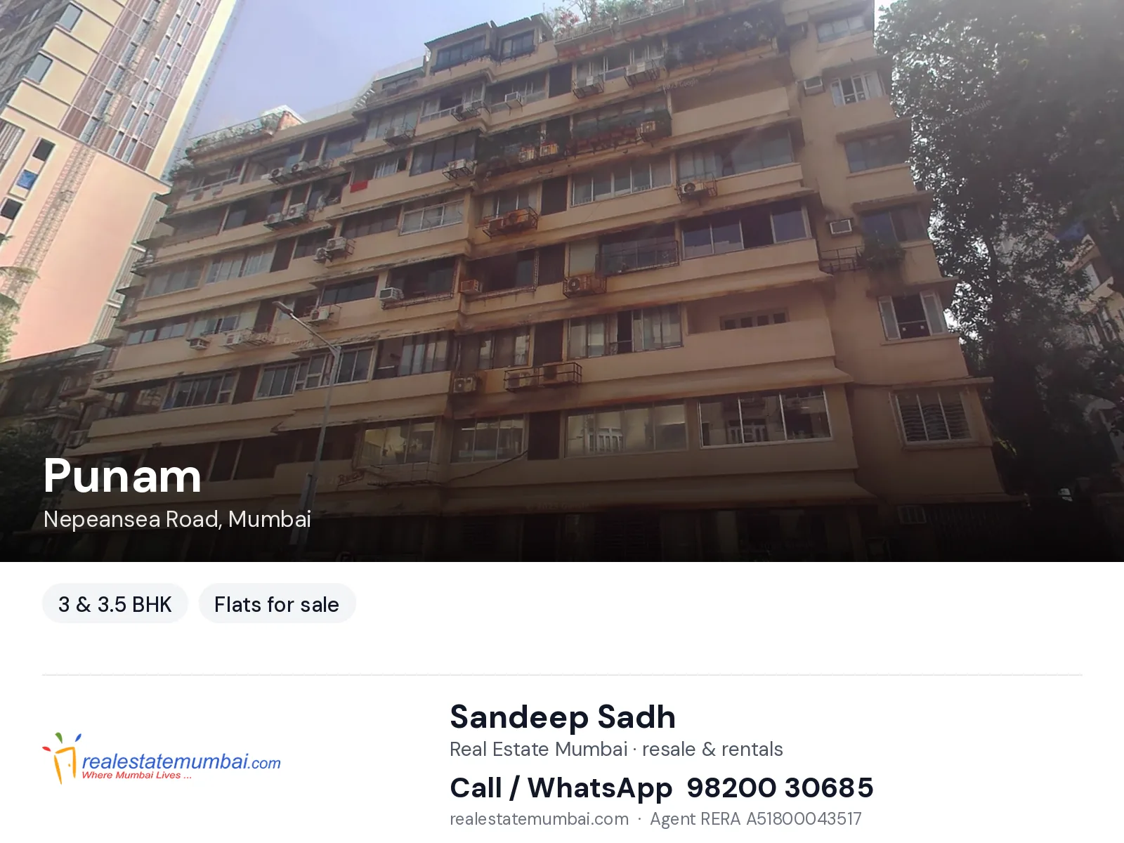 Punam, Nepeansea Road, Mumbai — 3 & 3.5 BHK flats for sale | Real Estate Mumbai, Sandeep Sadh 98200 30685