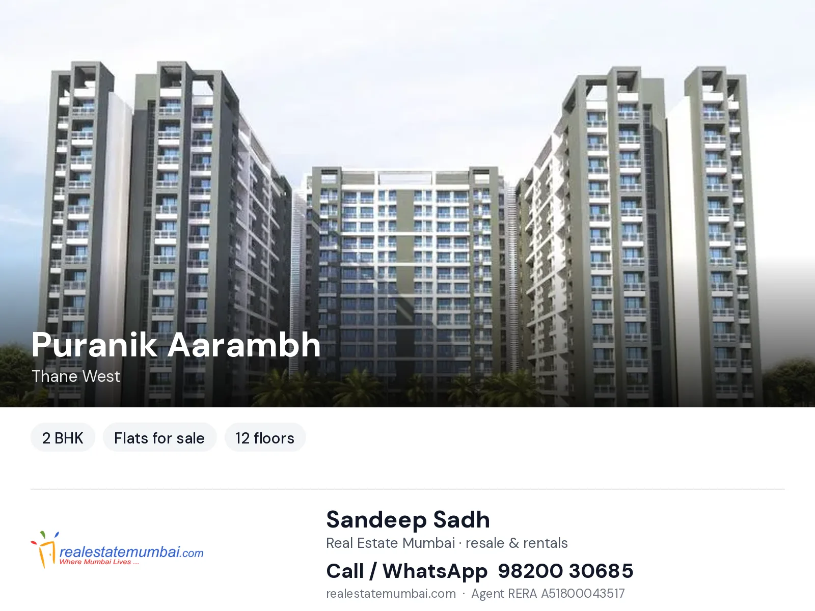Puranik Aarambh, Thane West — 2 BHK flats for sale | Real Estate Mumbai, Sandeep Sadh 98200 30685