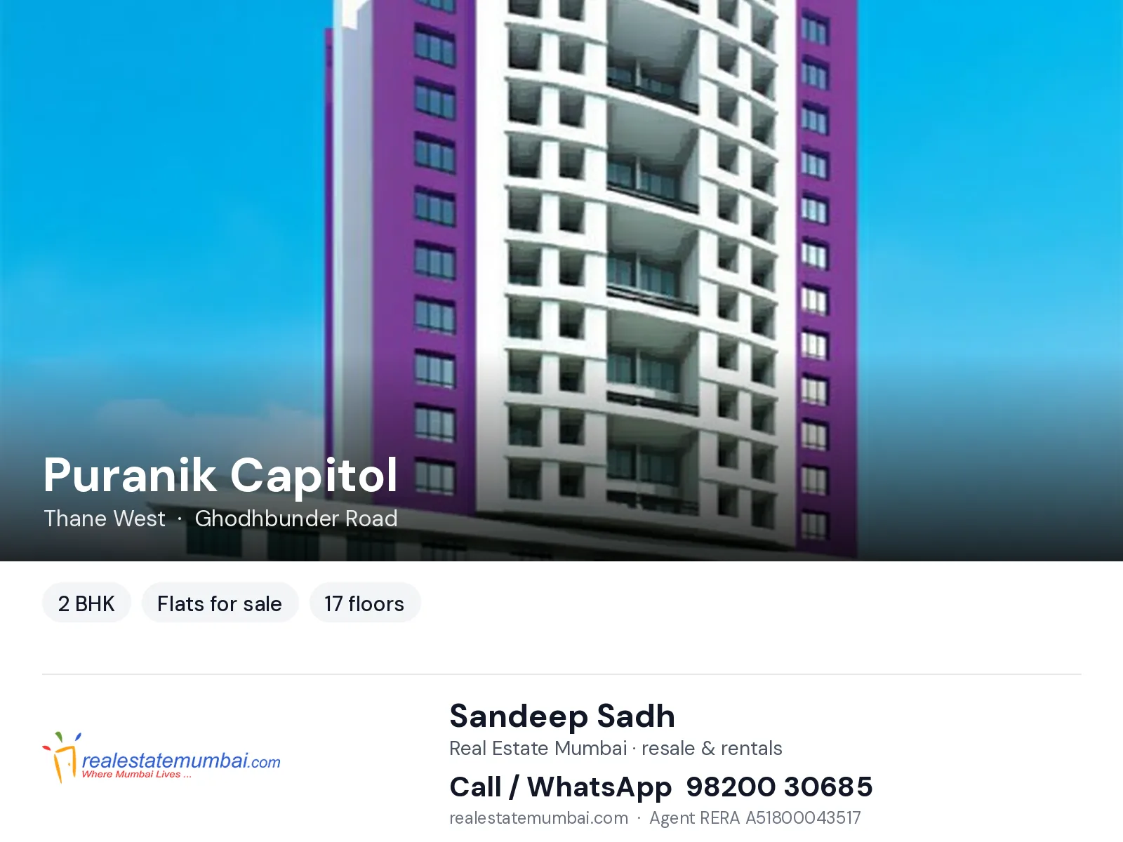 Puranik Capitol, Thane West — 2 BHK flats for sale | Real Estate Mumbai, Sandeep Sadh 98200 30685
