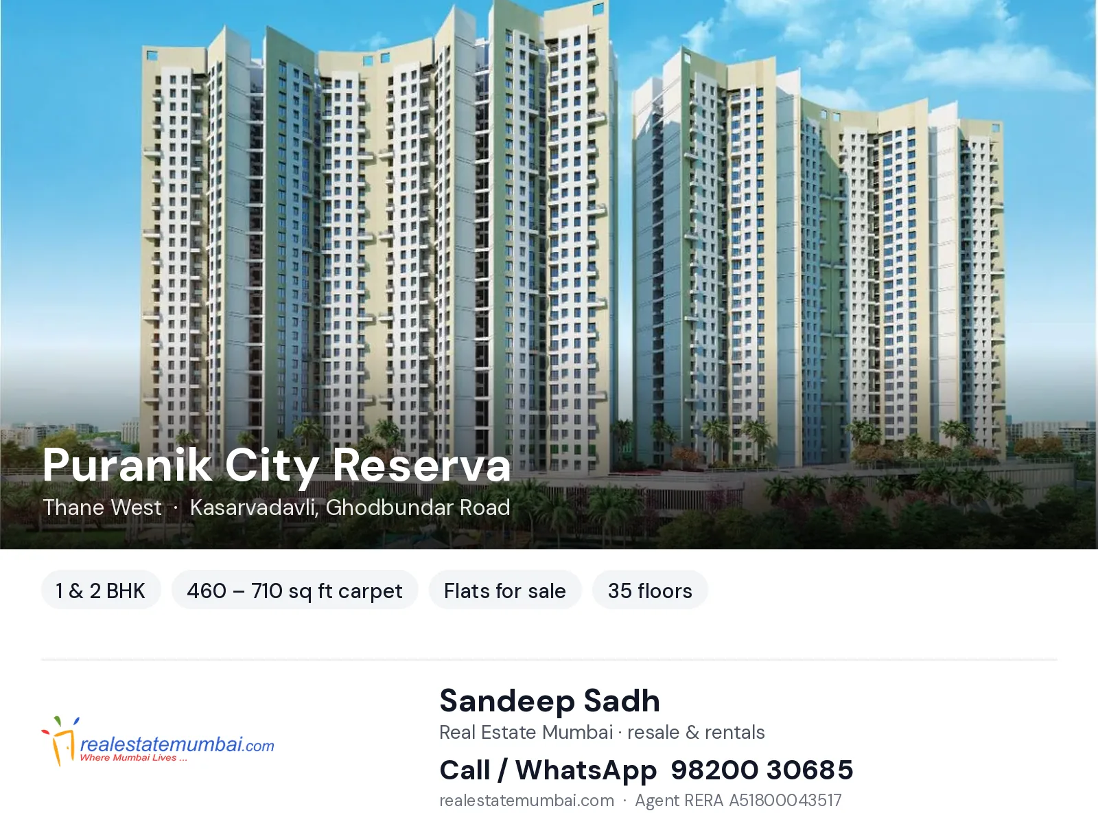 Puranik City Reserva, Thane West — 1 & 2 BHK flats for sale | Real Estate Mumbai, Sandeep Sadh 98200 30685