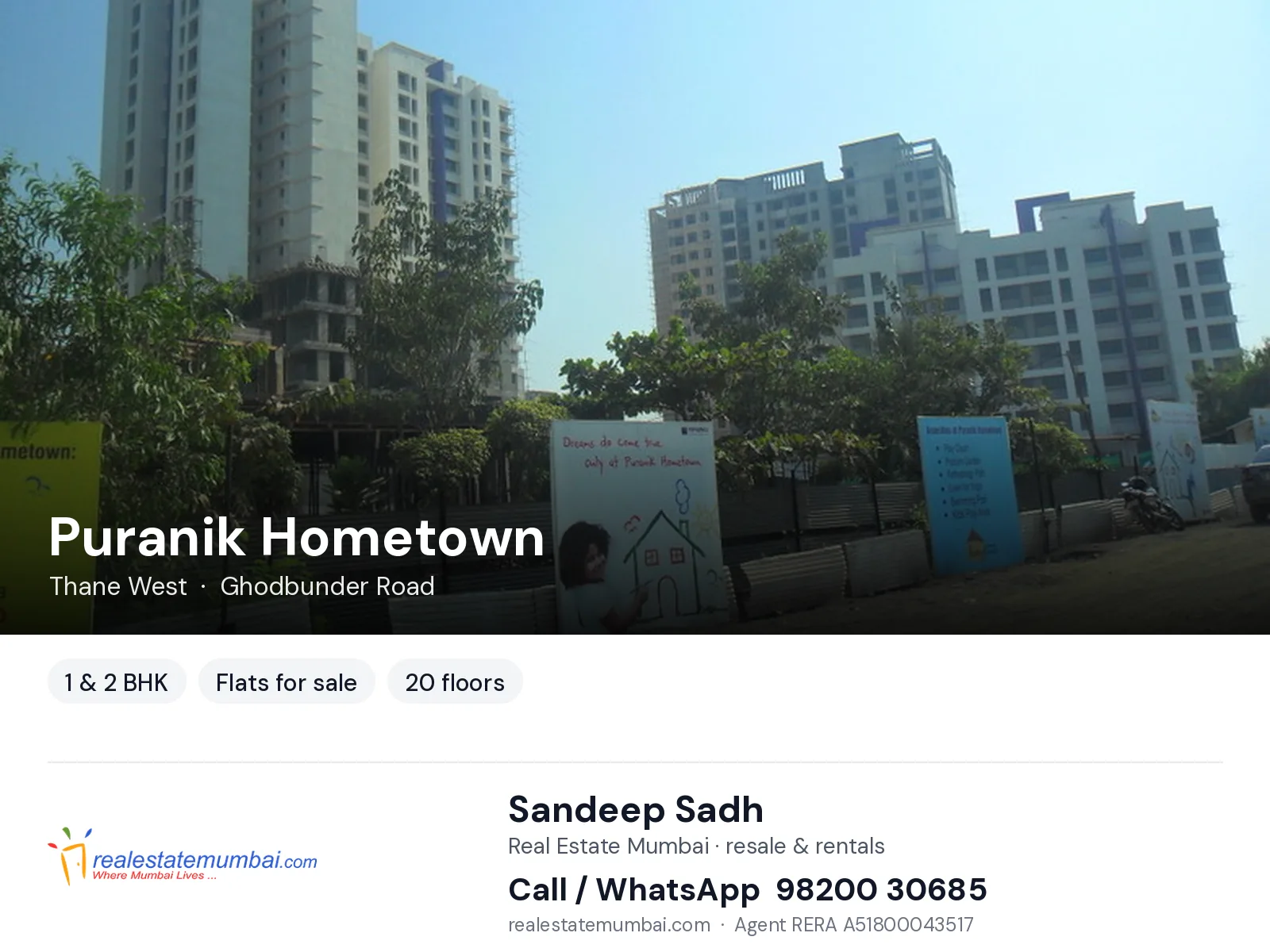 Puranik Hometown, Thane West — 1 & 2 BHK flats for sale | Real Estate Mumbai, Sandeep Sadh 98200 30685