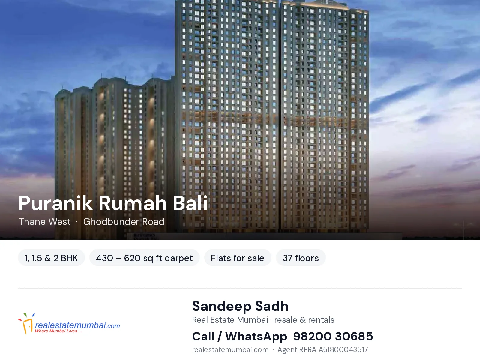 Puranik Rumah Bali, Thane West — 1, 1.5 & 2 BHK flats for sale | Real Estate Mumbai, Sandeep Sadh 98200 30685