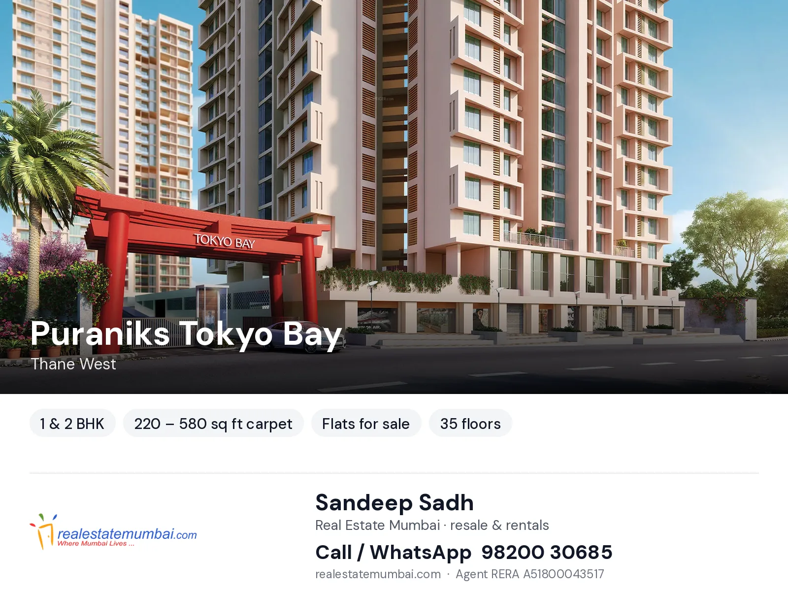 Puraniks Tokyo Bay, Thane West — 1 & 2 BHK flats for sale | Real Estate Mumbai, Sandeep Sadh 98200 30685