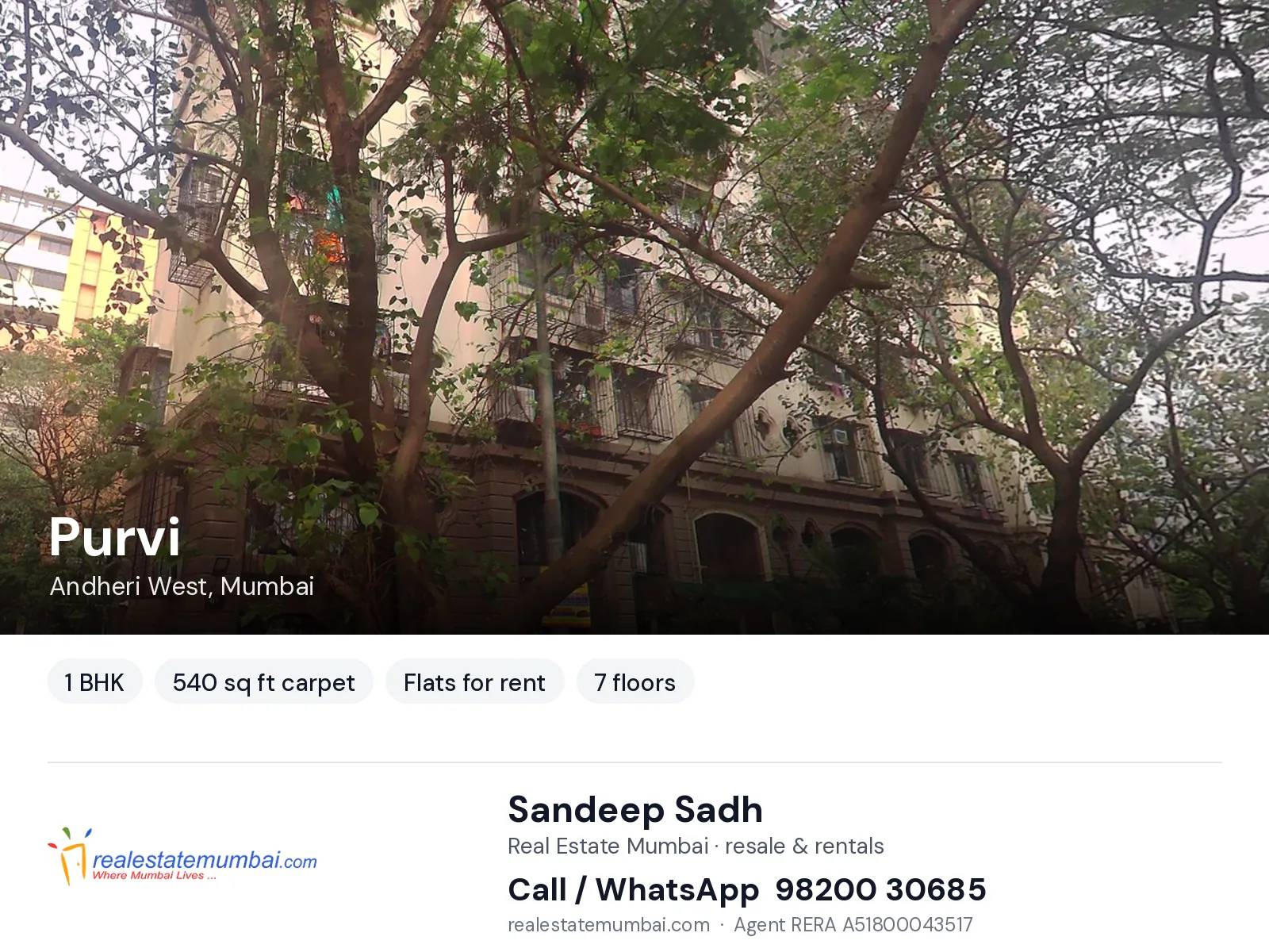 Purvi, Andheri West, Mumbai — 1 BHK flats for rent | Real Estate Mumbai, Sandeep Sadh 98200 30685
