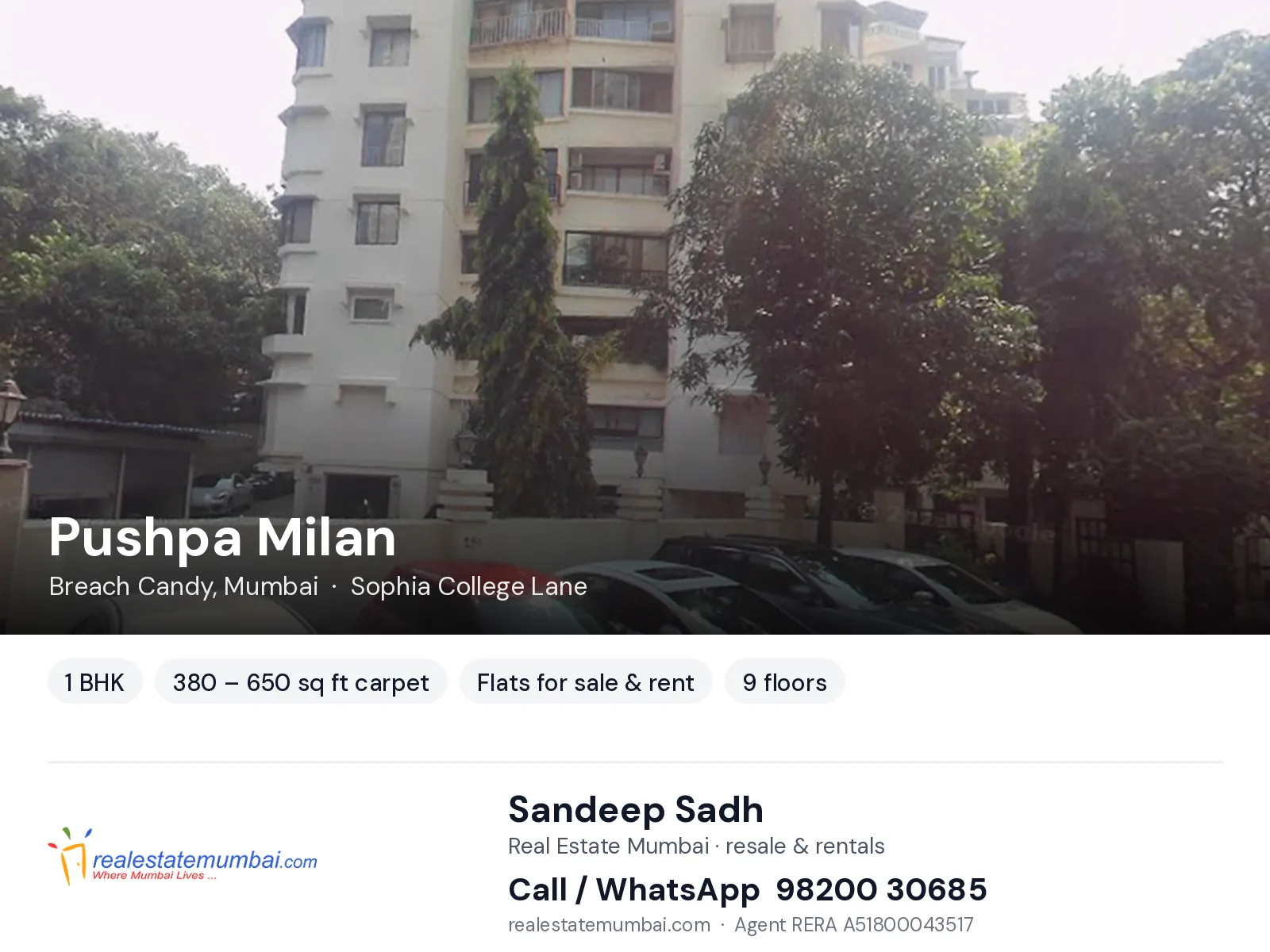 Pushpa Milan, Breach Candy, Mumbai — 1 BHK flats for sale & rent | Real Estate Mumbai, Sandeep Sadh 98200 30685