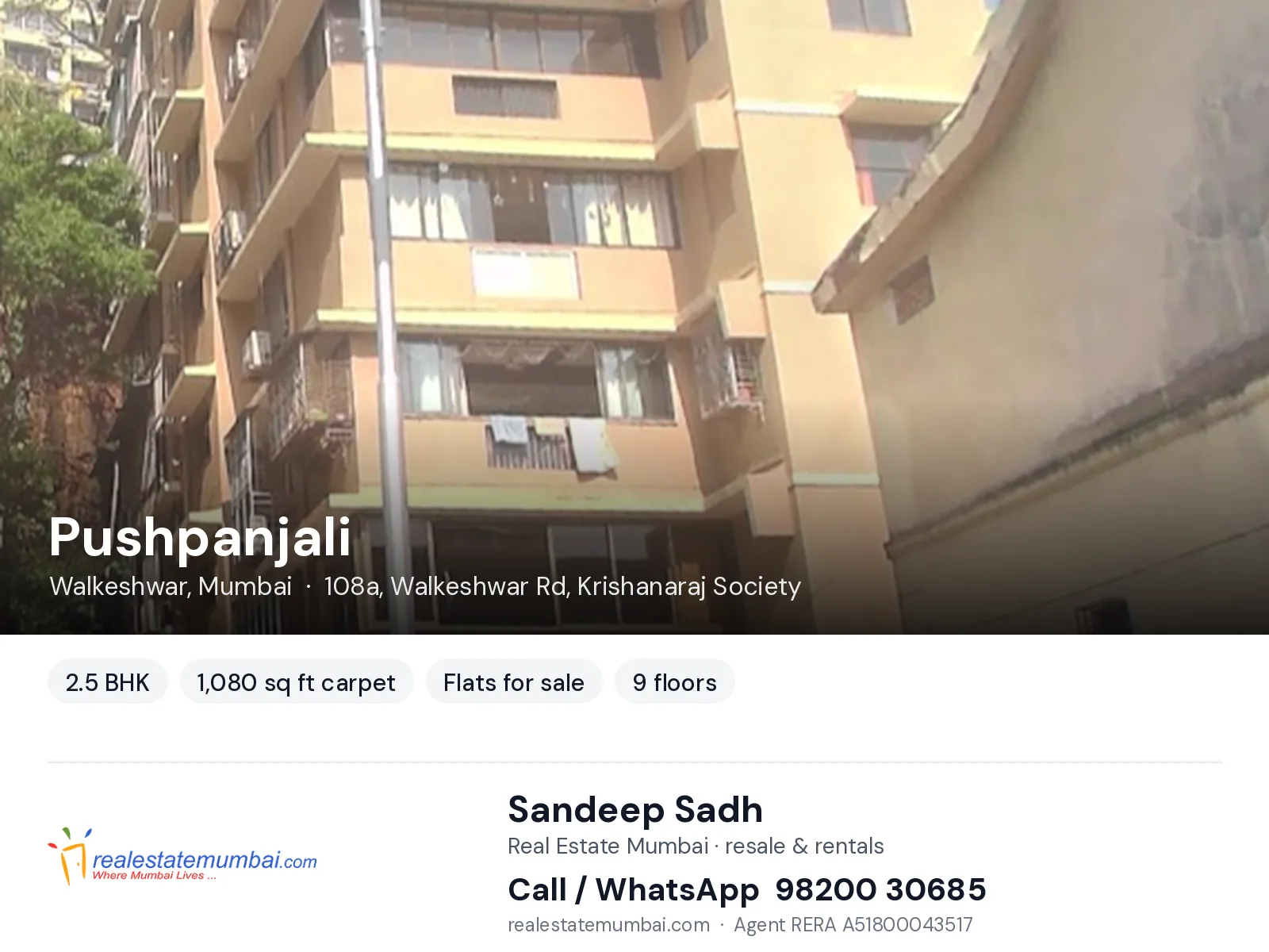 Pushpanjali, Walkeshwar, Mumbai — 2.5 BHK flats for sale | Real Estate Mumbai, Sandeep Sadh 98200 30685