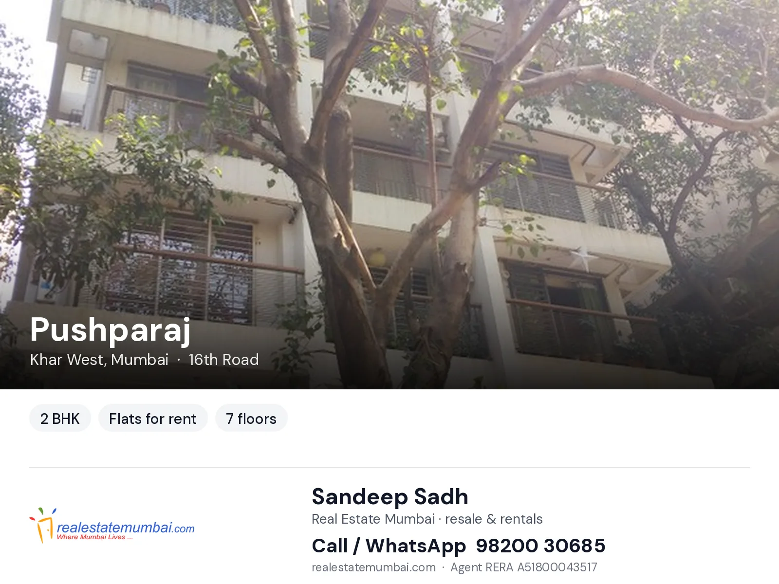 Pushparaj, Khar West, Mumbai — 2 BHK flats for rent | Real Estate Mumbai, Sandeep Sadh 98200 30685