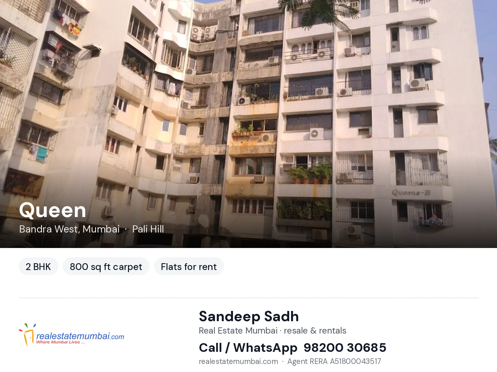 Queen, Bandra West, Mumbai — 2 BHK flats for rent | Real Estate Mumbai, Sandeep Sadh 98200 30685