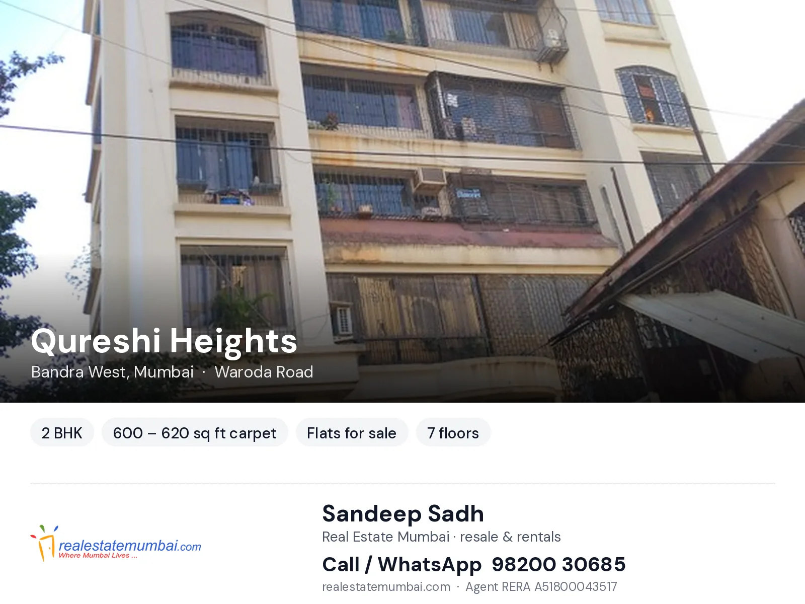 Qureshi Heights, Bandra West, Mumbai — 2 BHK flats for sale | Real Estate Mumbai, Sandeep Sadh 98200 30685