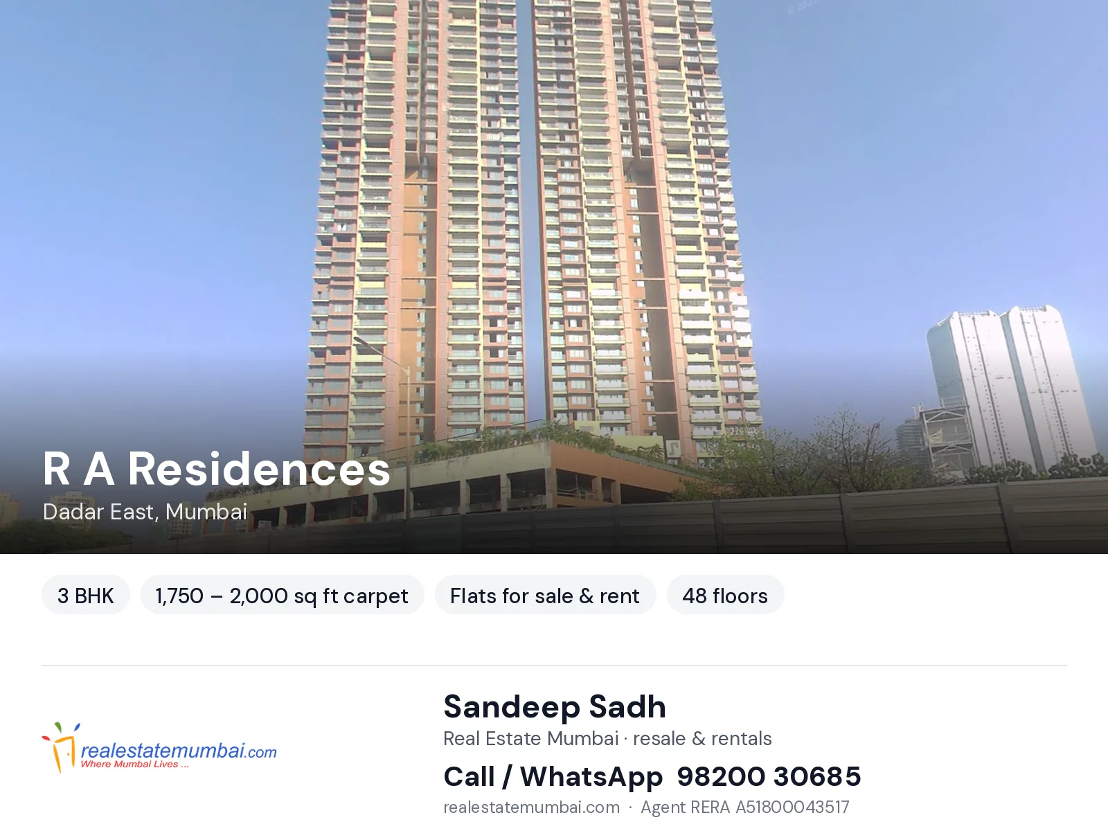 R A Residences, Dadar East, Mumbai — 3 BHK flats for sale & rent | Real Estate Mumbai, Sandeep Sadh 98200 30685