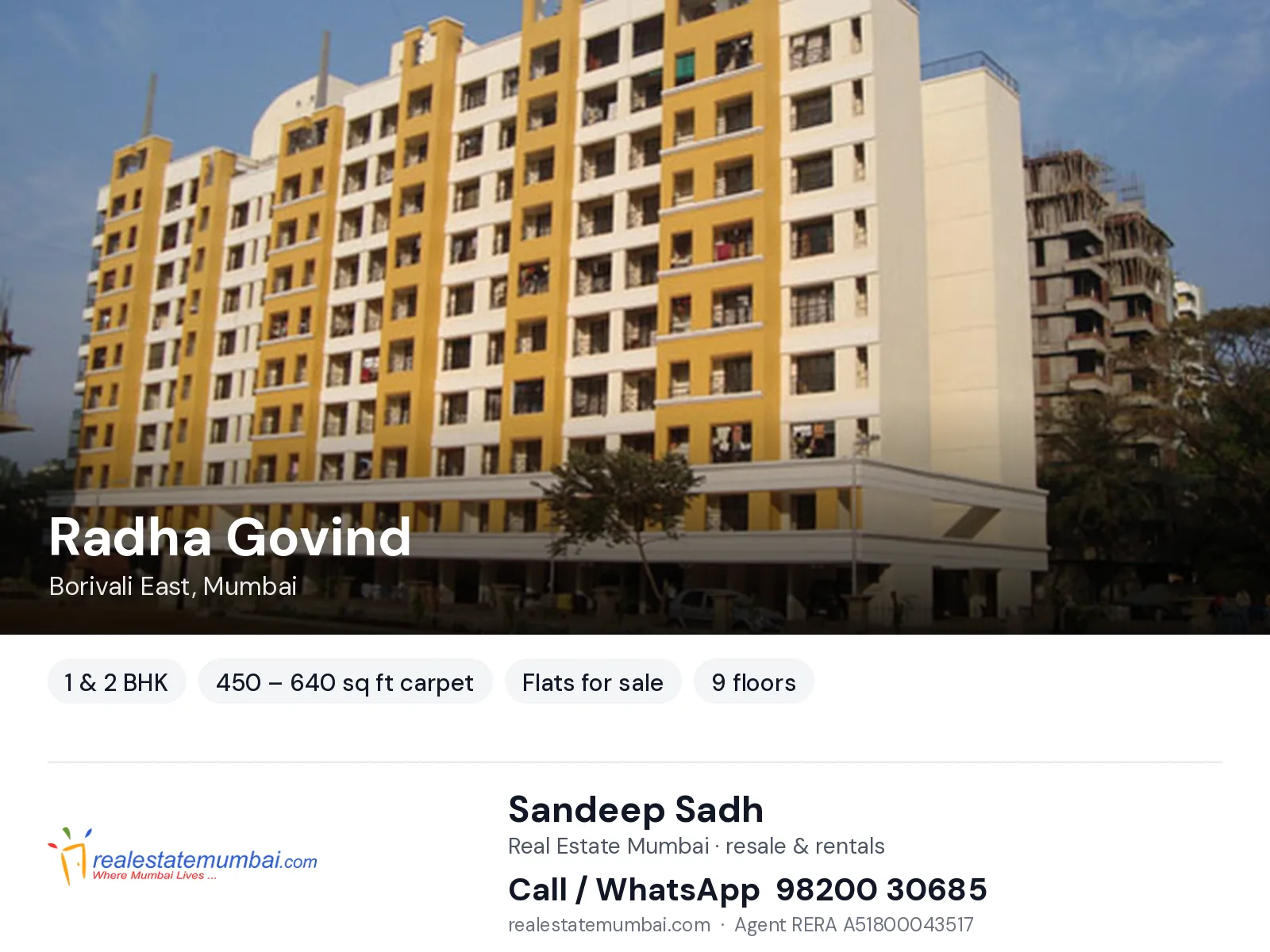 Radha Govind, Borivali East, Mumbai — 1 & 2 BHK flats for sale | Real Estate Mumbai, Sandeep Sadh 98200 30685