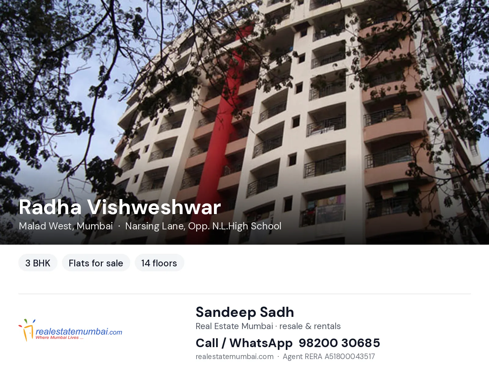 Radha Vishweshwar, Malad West, Mumbai — 3 BHK flats for sale | Real Estate Mumbai, Sandeep Sadh 98200 30685