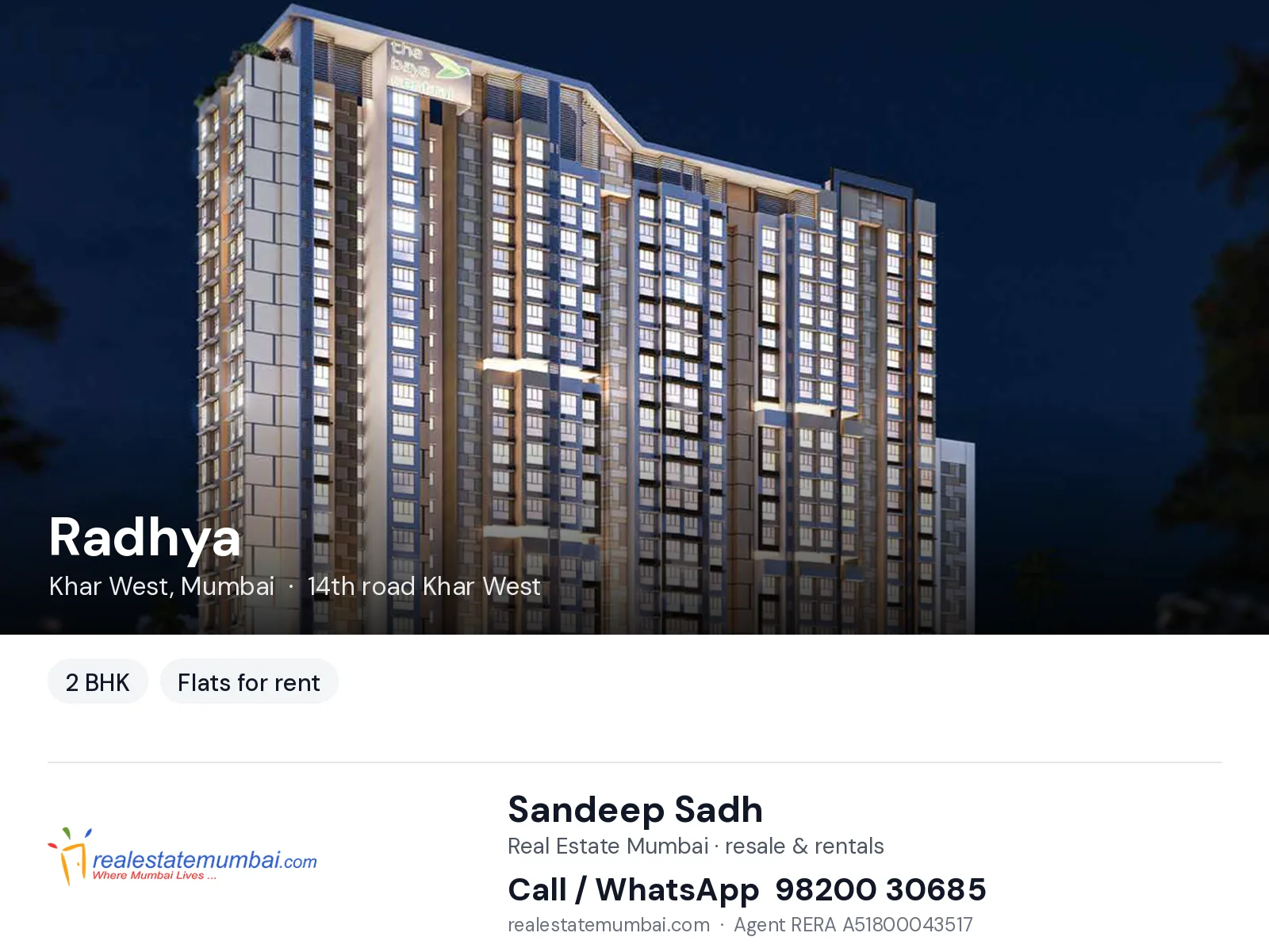 Radhya, Khar West, Mumbai — 2 BHK flats for rent | Real Estate Mumbai, Sandeep Sadh 98200 30685