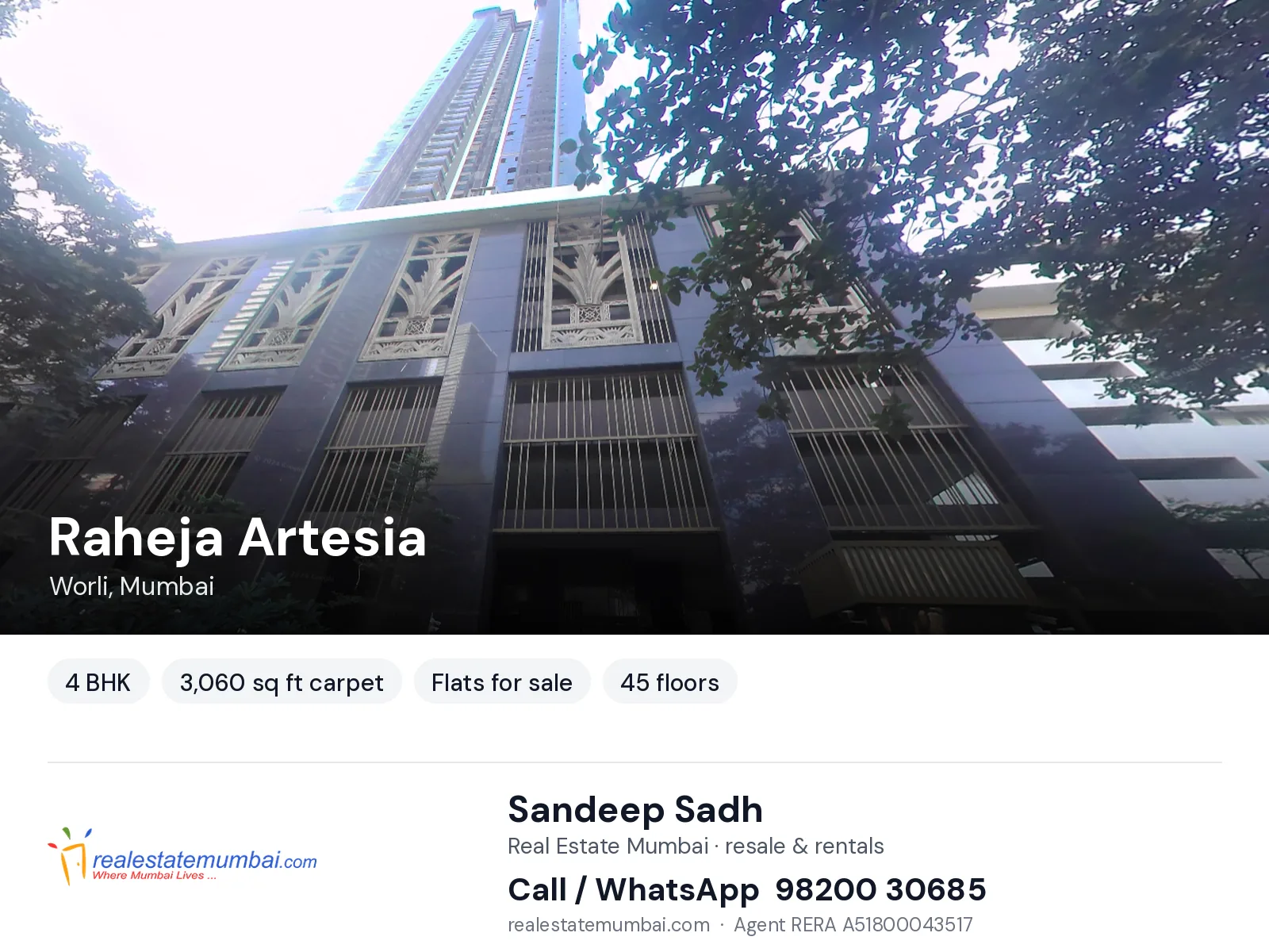 Raheja Artesia, Worli, Mumbai — 4 BHK flats for sale | Real Estate Mumbai, Sandeep Sadh 98200 30685