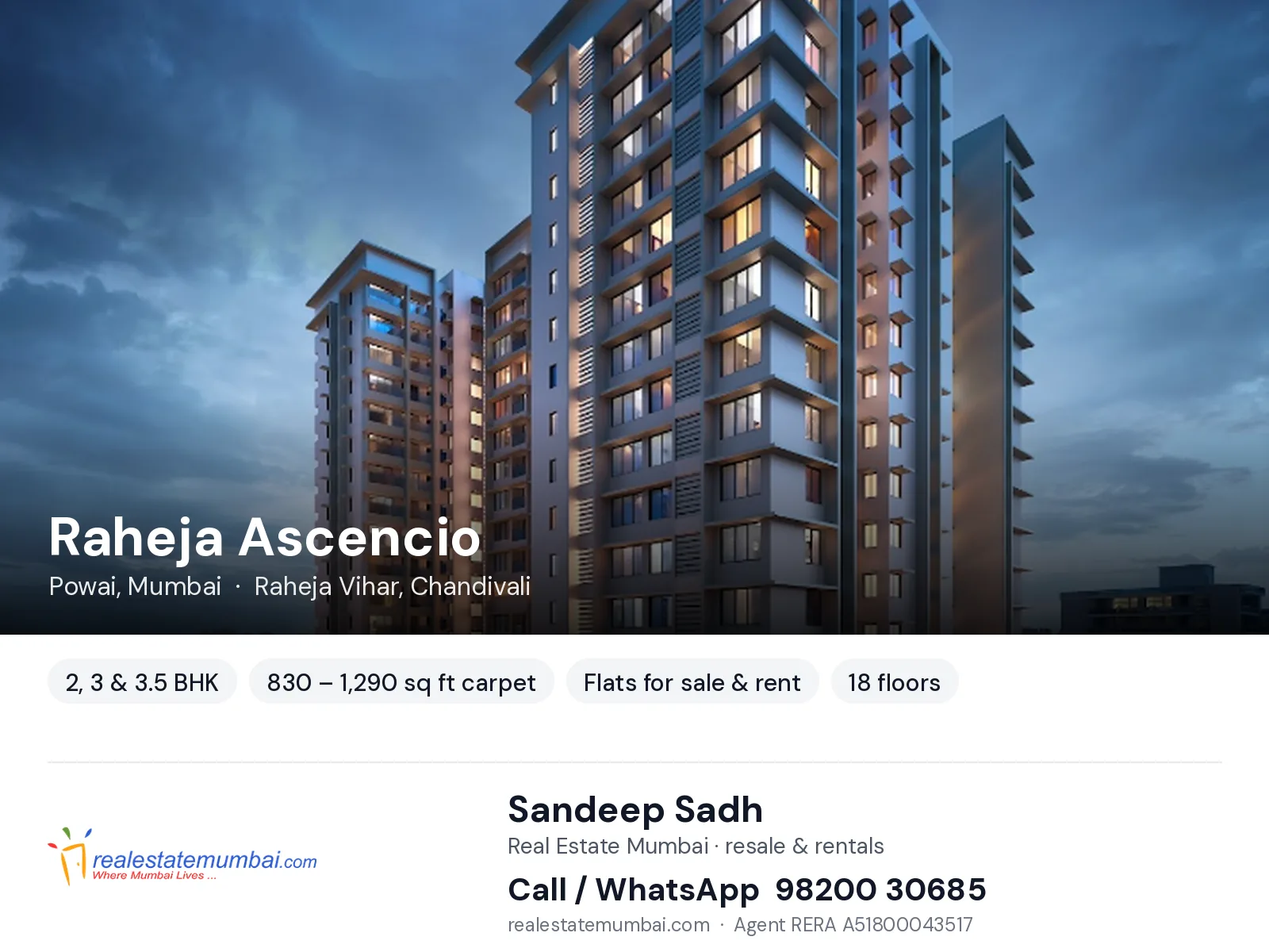 Raheja Ascencio, Powai, Mumbai — 2, 3 & 3.5 BHK flats for sale & rent | Real Estate Mumbai, Sandeep Sadh 98200 30685
