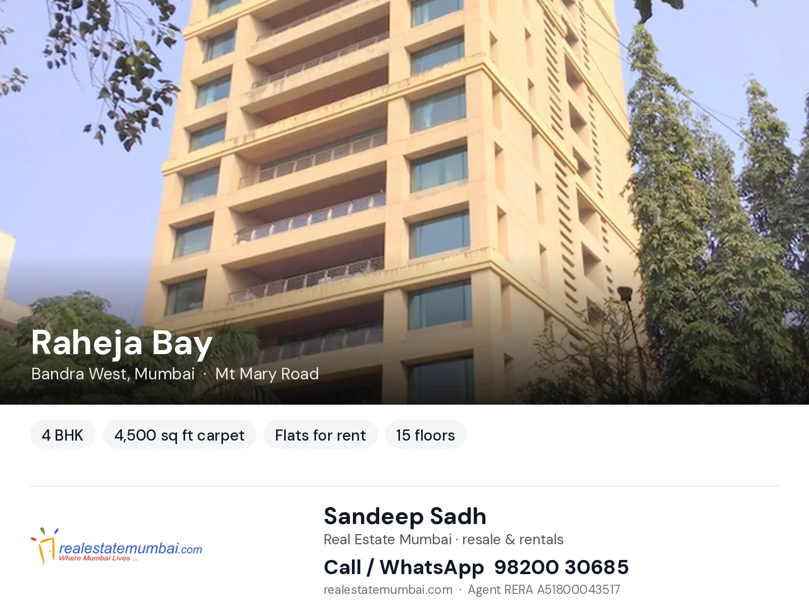 Raheja Bay, Bandra West, Mumbai — 4 BHK flats for rent | Real Estate Mumbai, Sandeep Sadh 98200 30685