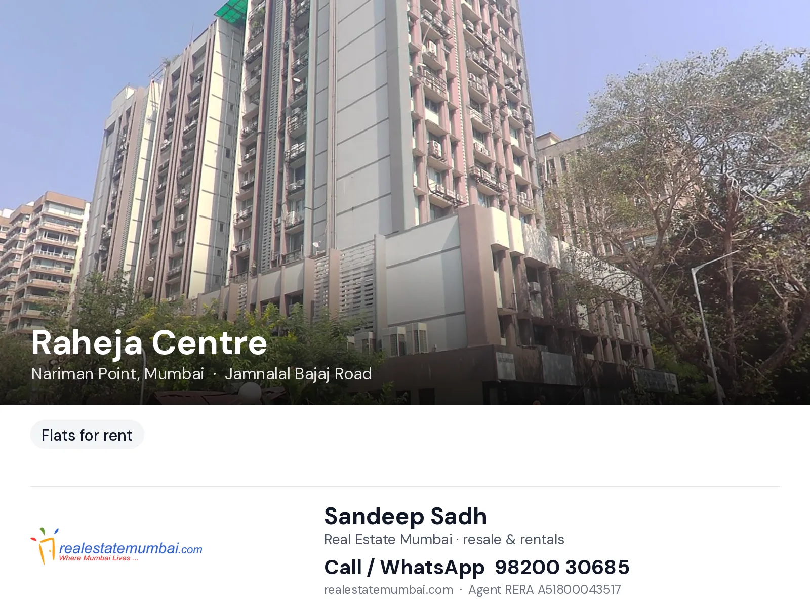 Raheja Centre, Nariman Point, Mumbai — flats for rent | Real Estate Mumbai, Sandeep Sadh 98200 30685