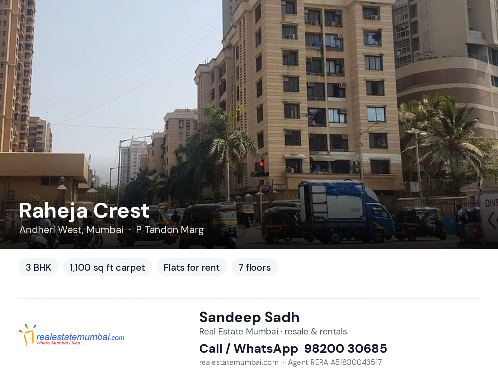Raheja Crest, Andheri West, Mumbai — 3 BHK flats for rent | Real Estate Mumbai, Sandeep Sadh 98200 30685