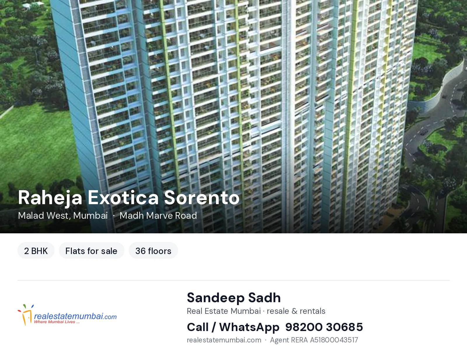 Raheja Exotica Sorento, Malad West, Mumbai — 2 BHK flats for sale | Real Estate Mumbai, Sandeep Sadh 98200 30685