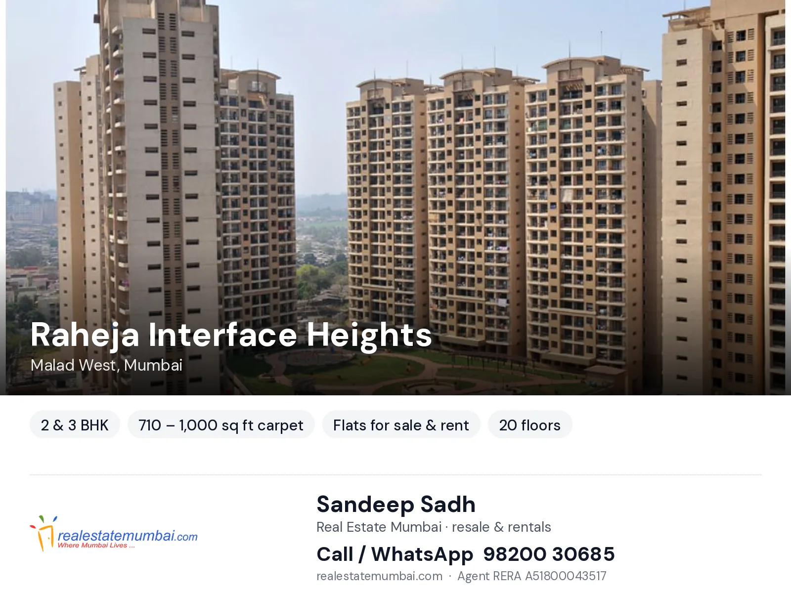 Raheja Interface Heights, Malad West, Mumbai — 2 & 3 BHK flats for sale & rent | Real Estate Mumbai, Sandeep Sadh 98200 30685
