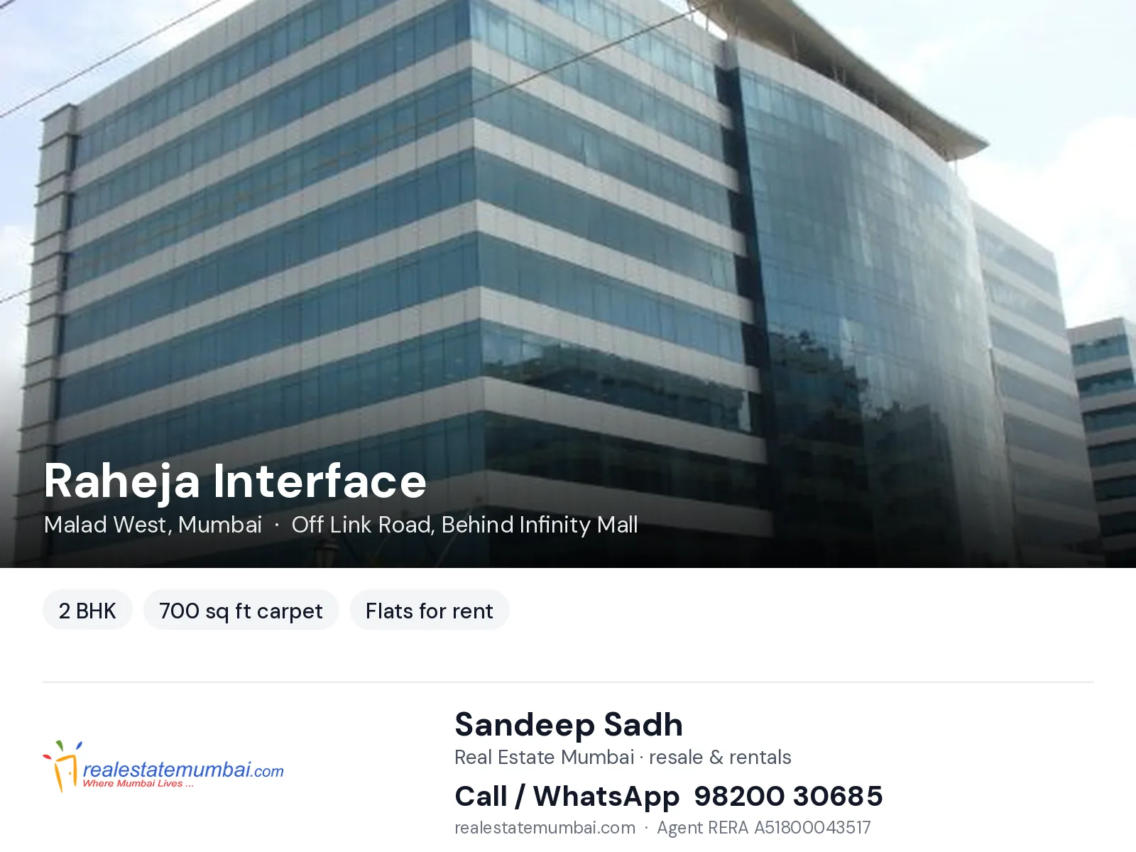 Raheja Interface, Malad West, Mumbai — 2 BHK flats for rent | Real Estate Mumbai, Sandeep Sadh 98200 30685