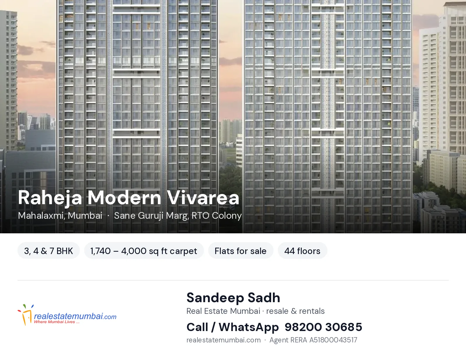 Raheja Modern Vivarea, Mahalaxmi, Mumbai — 3, 4 & 7 BHK flats for sale | Real Estate Mumbai, Sandeep Sadh 98200 30685