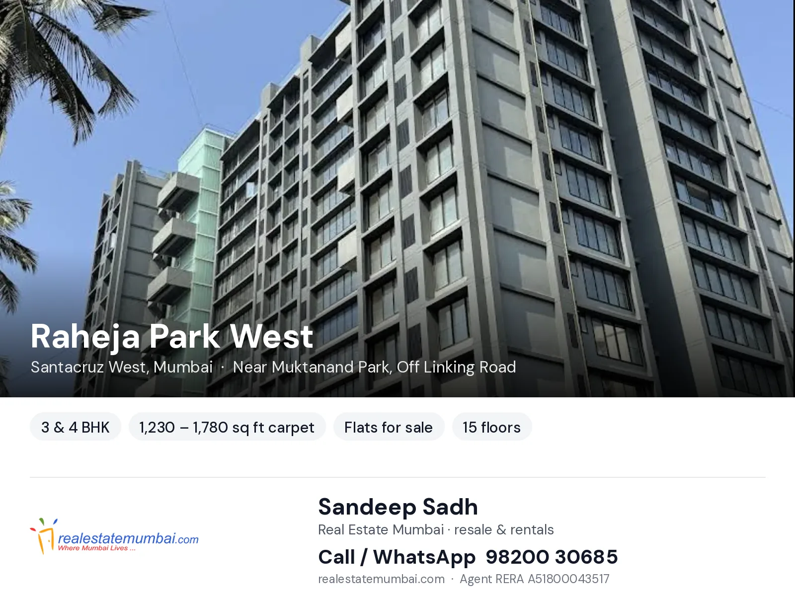 Raheja Park West, Santacruz West, Mumbai — 3 & 4 BHK flats for sale | Real Estate Mumbai, Sandeep Sadh 98200 30685