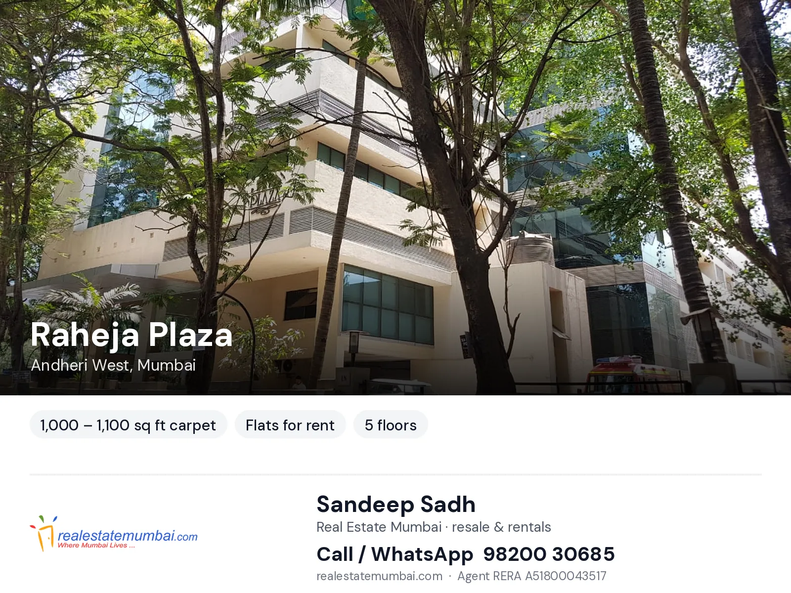 Raheja Plaza, Andheri West, Mumbai — flats for rent | Real Estate Mumbai, Sandeep Sadh 98200 30685