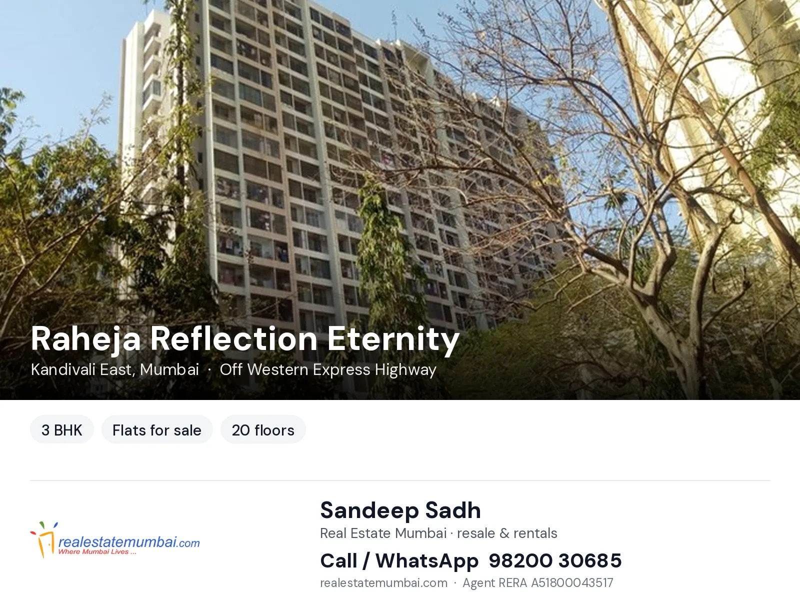 Raheja Reflection Eternity, Kandivali East, Mumbai — 3 BHK flats for sale | Real Estate Mumbai, Sandeep Sadh 98200 30685