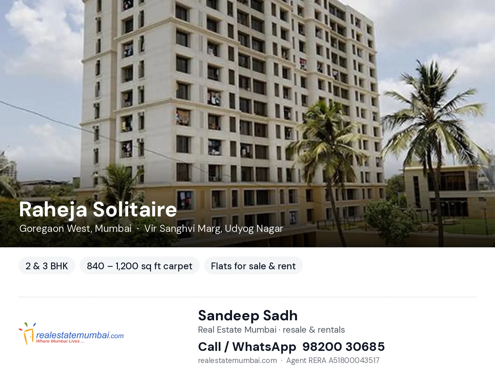 Raheja Solitaire, Goregaon West, Mumbai — 2 & 3 BHK flats for sale & rent | Real Estate Mumbai, Sandeep Sadh 98200 30685