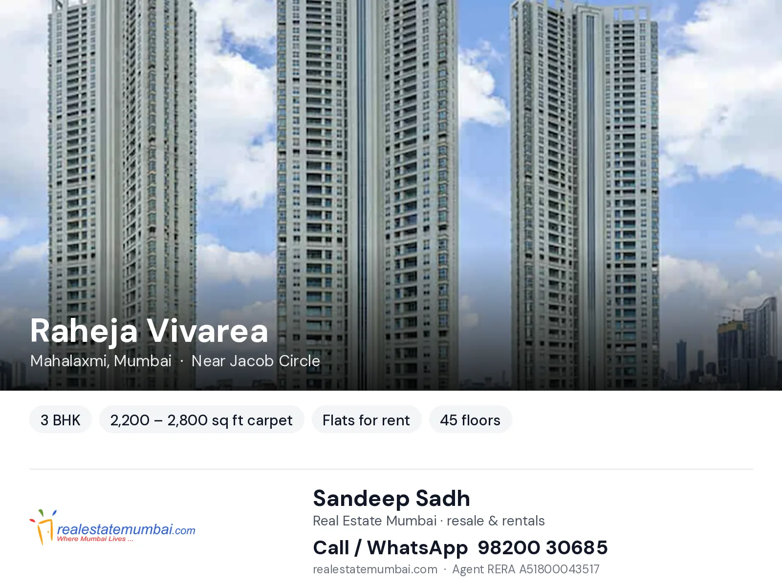 Raheja Vivarea, Mahalaxmi, Mumbai — 3 BHK flats for rent | Real Estate Mumbai, Sandeep Sadh 98200 30685