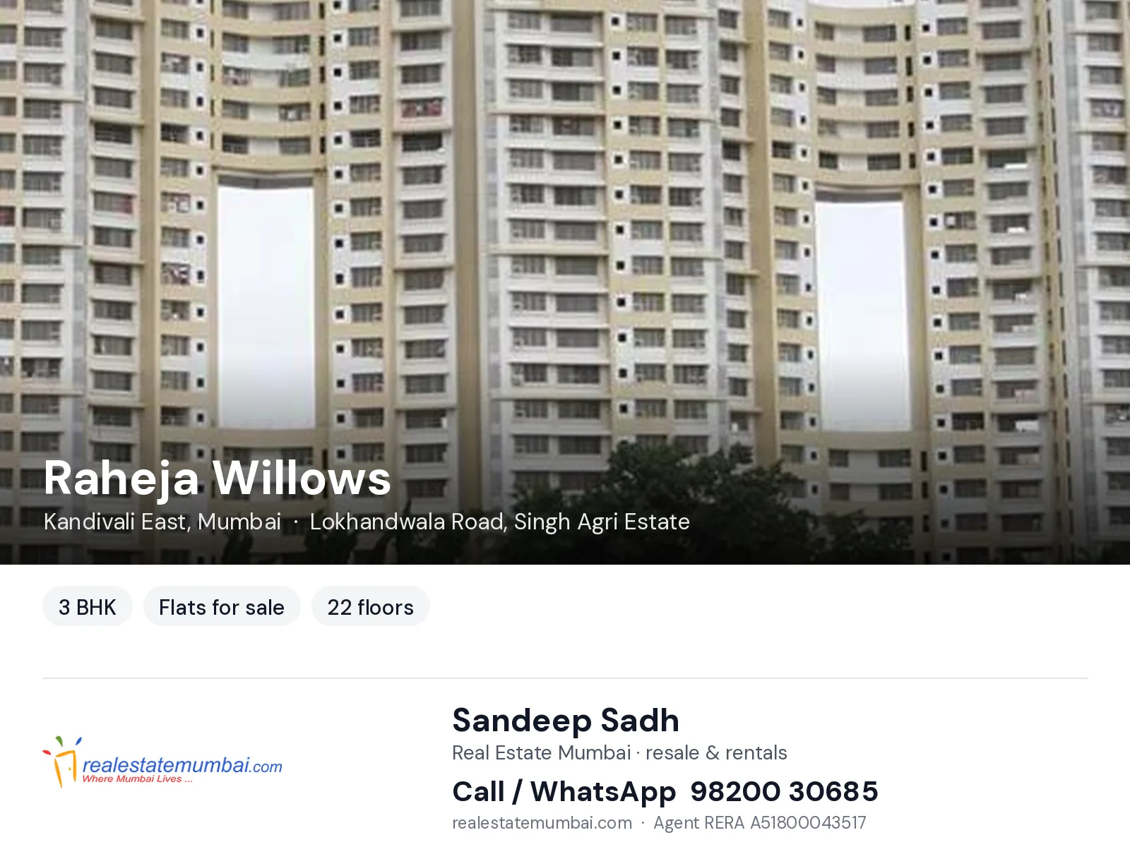Raheja Willows, Kandivali East, Mumbai — 3 BHK flats for sale | Real Estate Mumbai, Sandeep Sadh 98200 30685