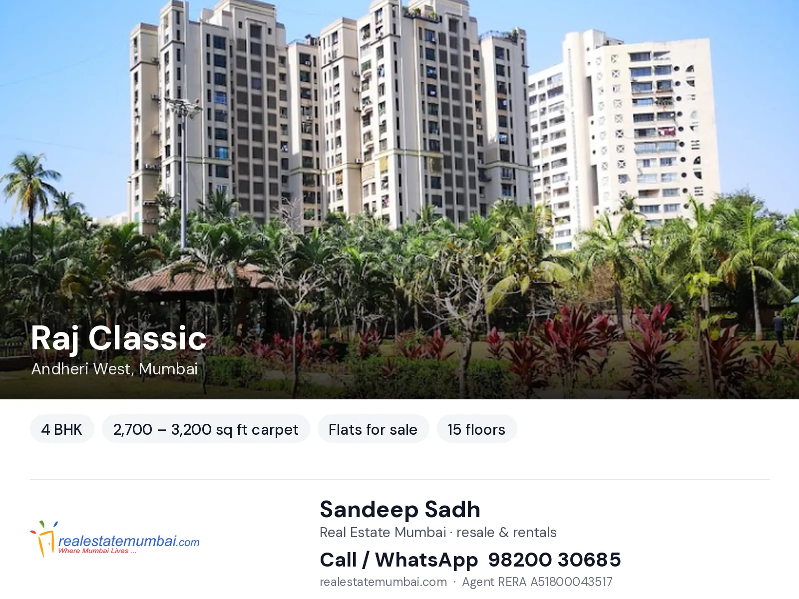 Raj Classic, Andheri West, Mumbai — 4 BHK flats for sale | Real Estate Mumbai, Sandeep Sadh 98200 30685
