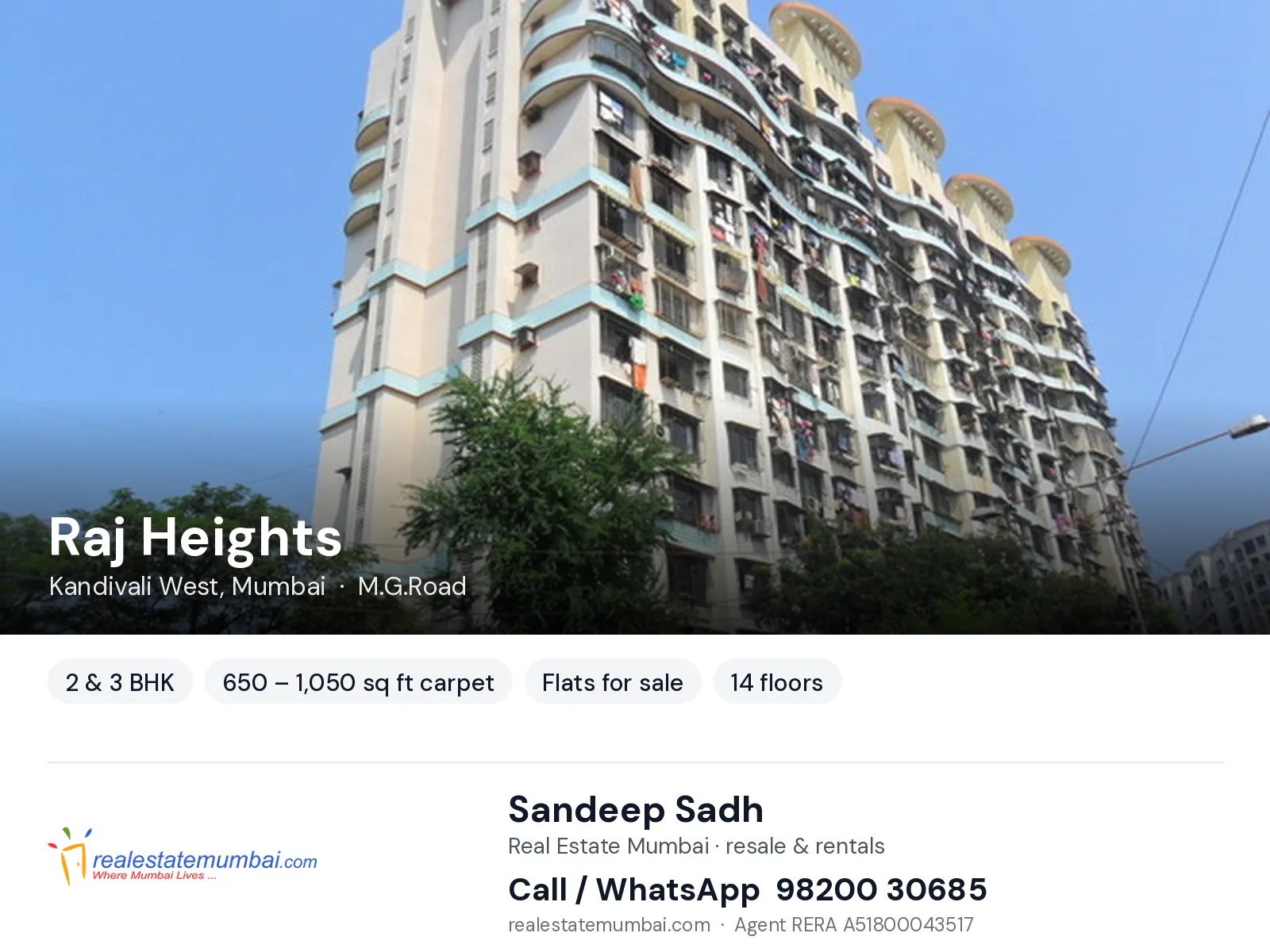 Raj Heights, Kandivali West, Mumbai — 2 & 3 BHK flats for sale | Real Estate Mumbai, Sandeep Sadh 98200 30685
