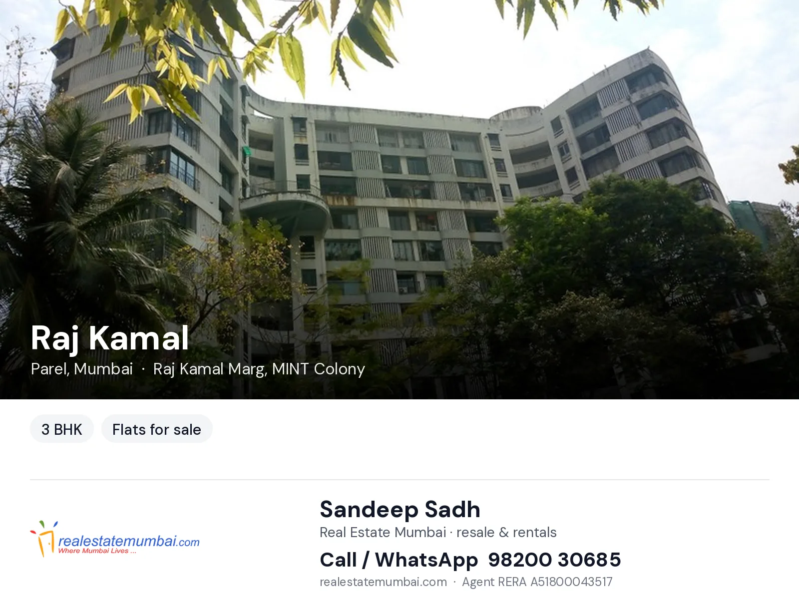 Raj Kamal, Parel, Mumbai — 3 BHK flats for sale | Real Estate Mumbai, Sandeep Sadh 98200 30685