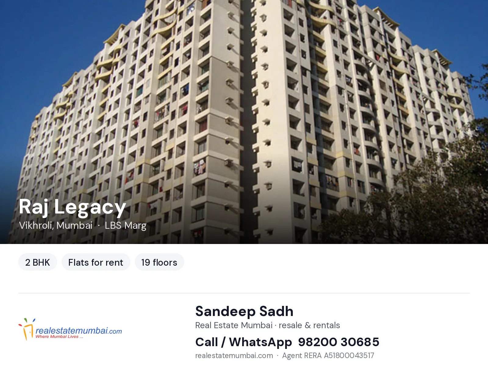 Raj Legacy, Vikhroli, Mumbai — 2 BHK flats for rent | Real Estate Mumbai, Sandeep Sadh 98200 30685