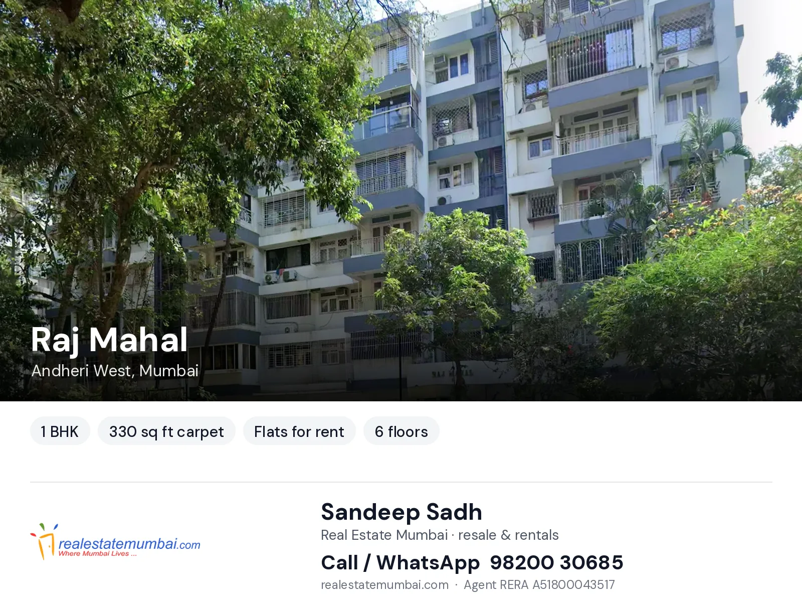 Raj Mahal, Andheri West, Mumbai — 1 BHK flats for rent | Real Estate Mumbai, Sandeep Sadh 98200 30685