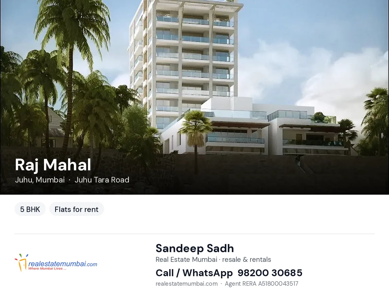 Raj Mahal, Juhu, Mumbai — 5 BHK flats for rent | Real Estate Mumbai, Sandeep Sadh 98200 30685