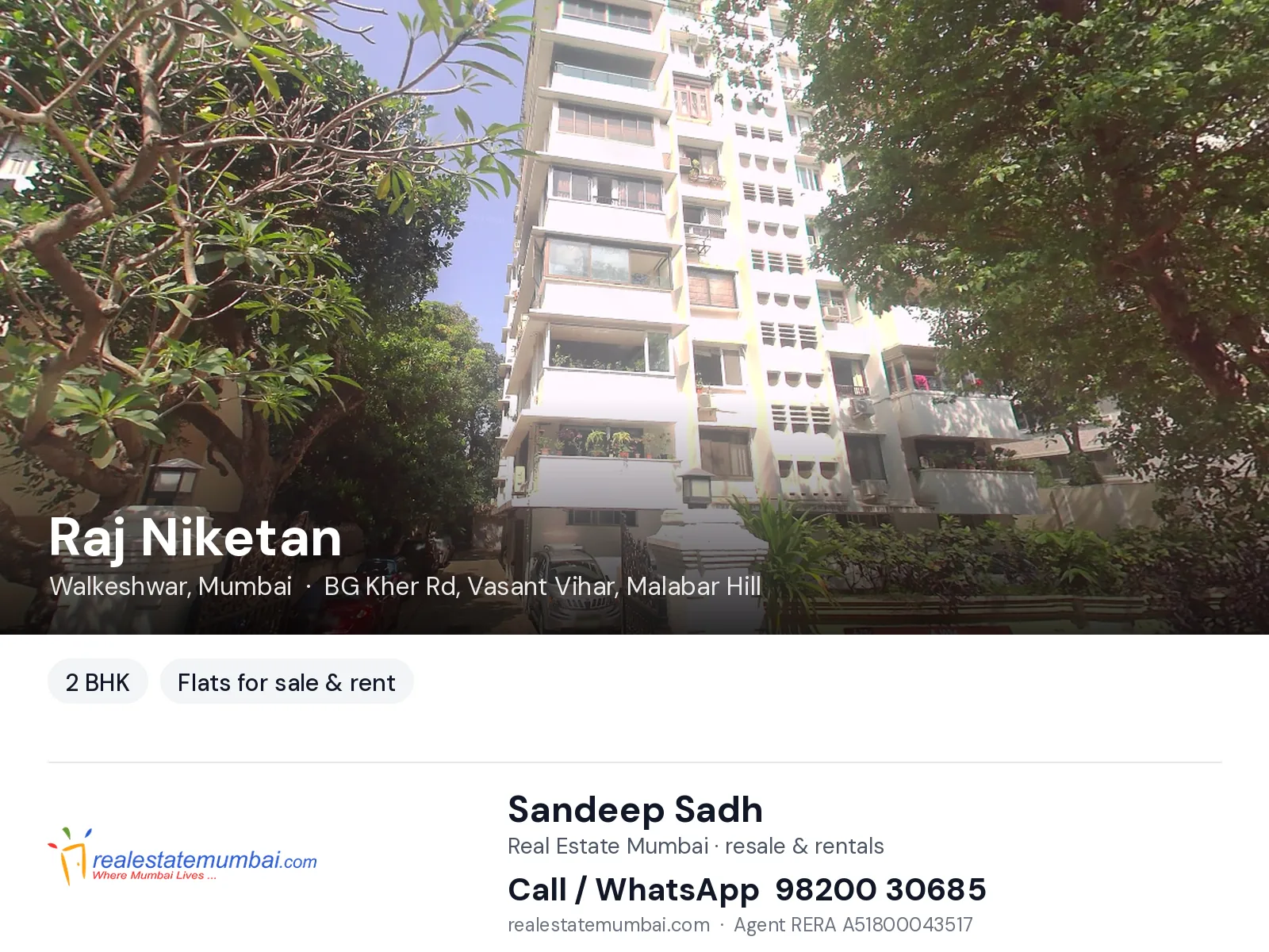 Raj Niketan, Walkeshwar, Mumbai — 2 BHK flats for sale & rent | Real Estate Mumbai, Sandeep Sadh 98200 30685