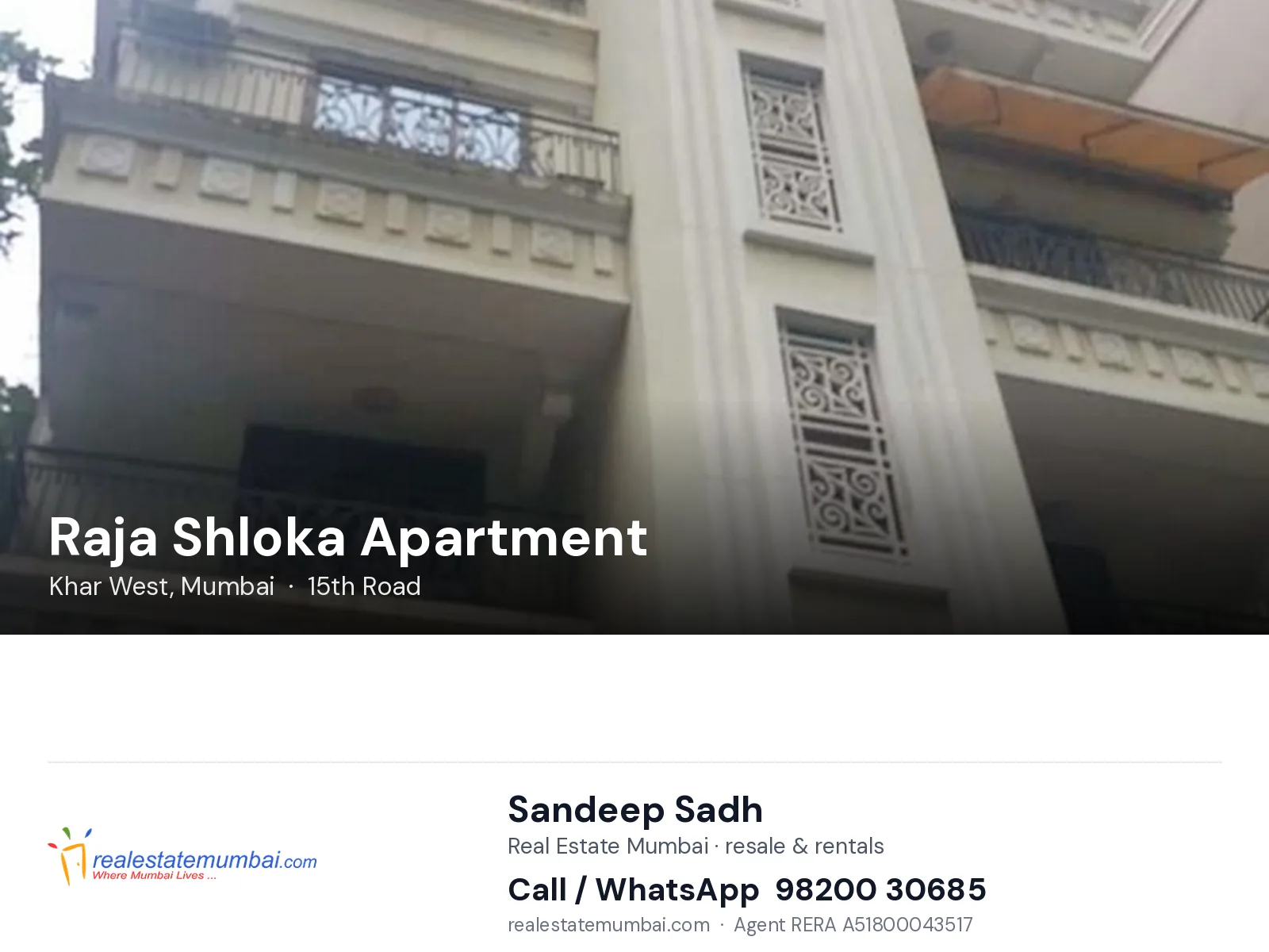 Raja Shloka Apartment, Khar West, Mumbai — flats | Real Estate Mumbai, Sandeep Sadh 98200 30685