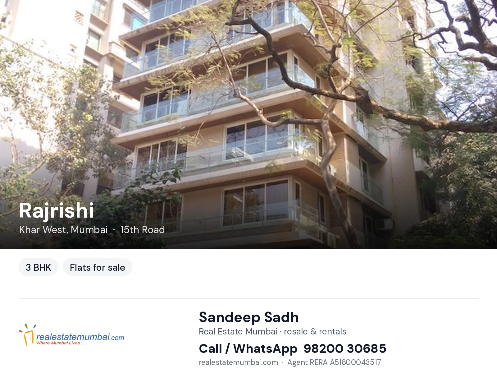 Rajrishi, Khar West, Mumbai — 3 BHK flats for sale | Real Estate Mumbai, Sandeep Sadh 98200 30685