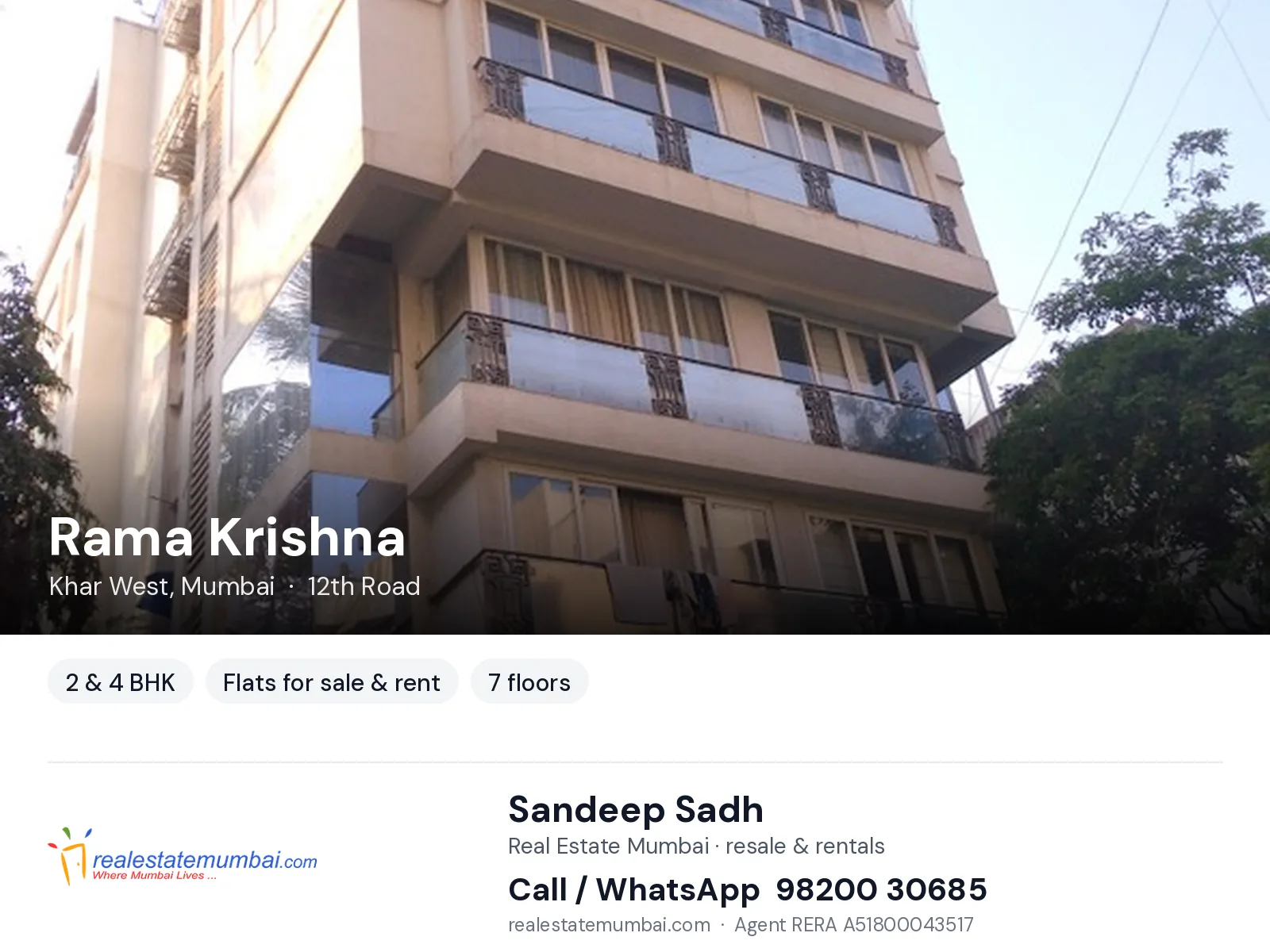 Rama Krishna, Khar West, Mumbai — 2 & 4 BHK flats for sale & rent | Real Estate Mumbai, Sandeep Sadh 98200 30685